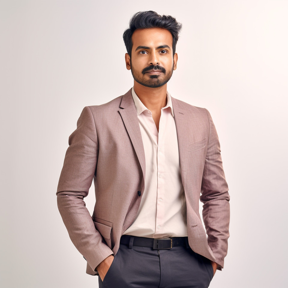 Confident handsome indian man social worker at work on isolated white background