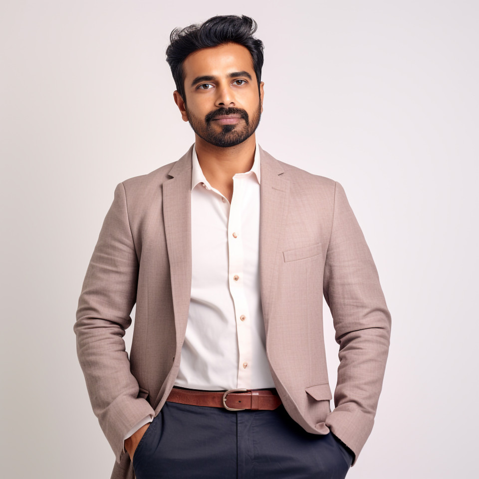 Confident handsome indian man social worker at work on isolated white background