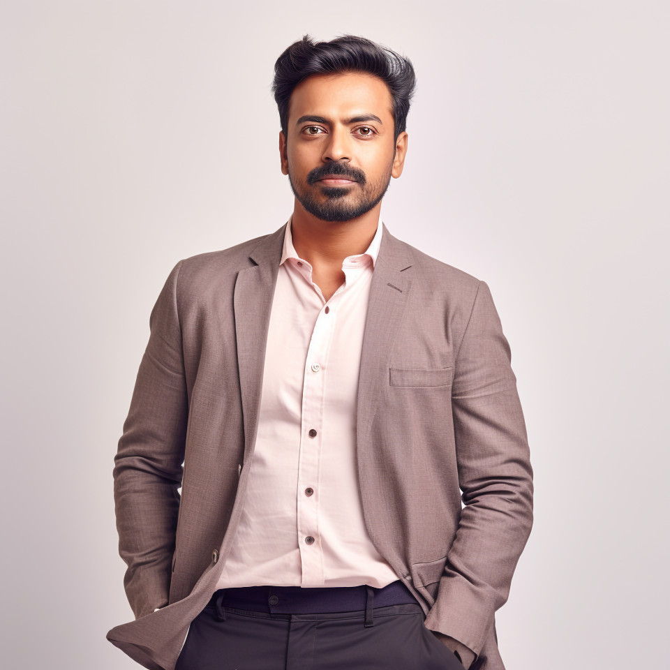 Confident handsome indian man social worker at work on isolated white background