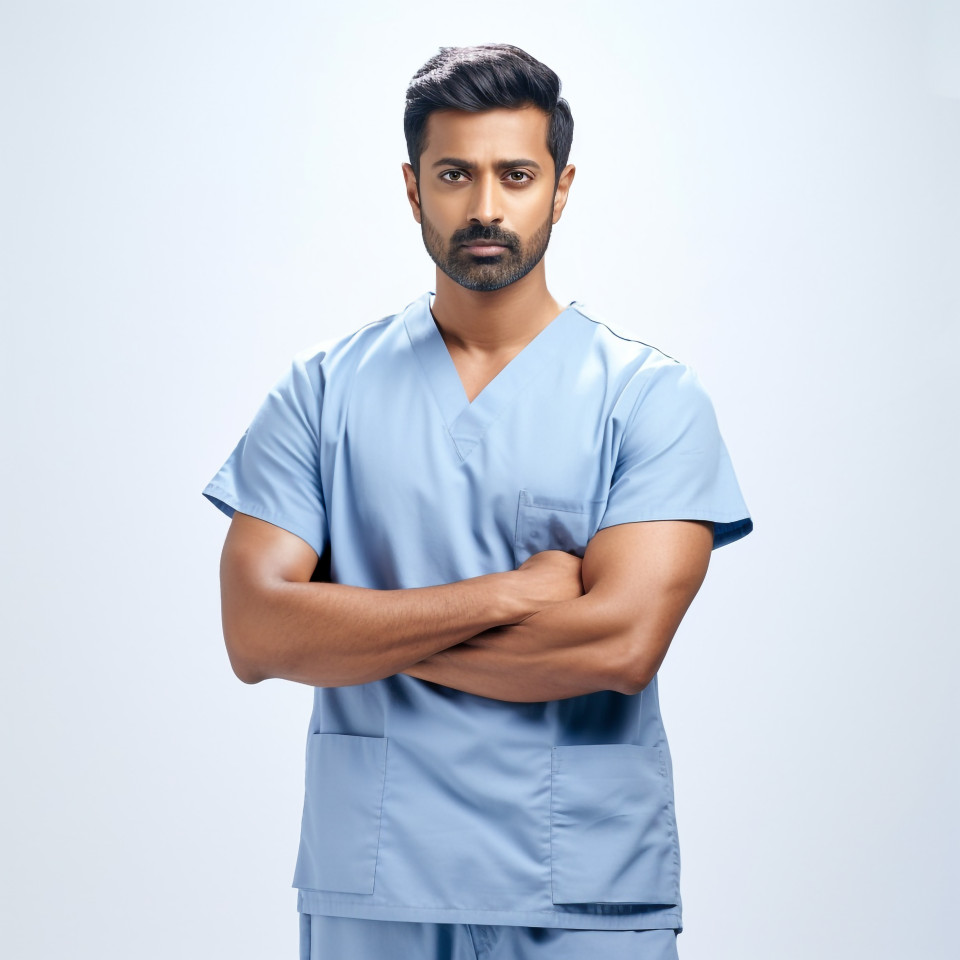 Confident handsome indian man nurse at work on isolated white background