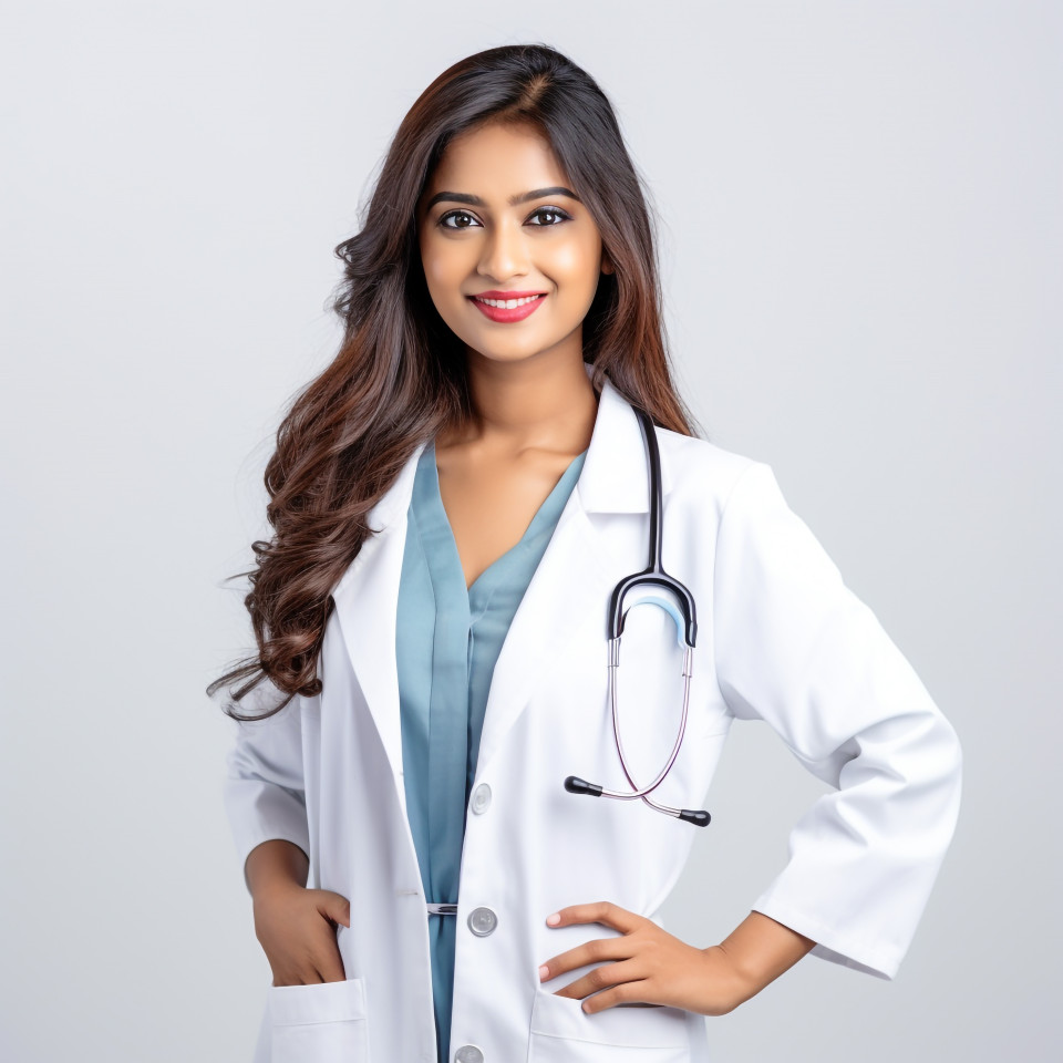 Confident beautiful indian woman medical assistant at work on isolated white background