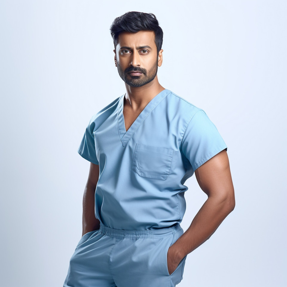 Confident handsome indian man nurse at work on isolated white background