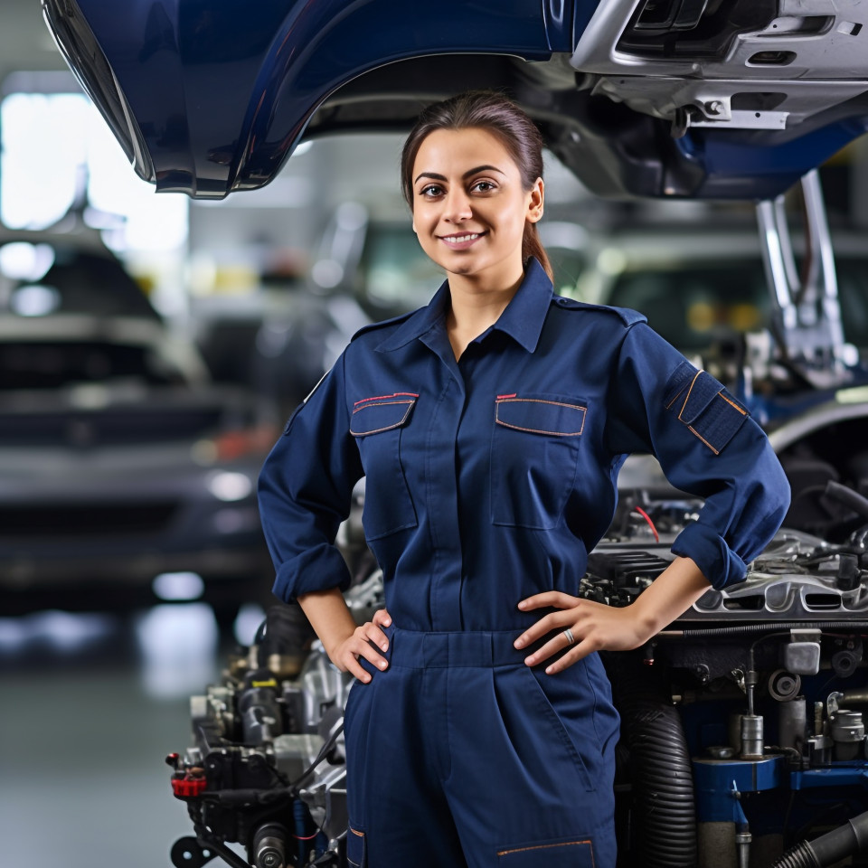 Friendly smiling beautiful indian woman automotive quality control inspector at work on blured background