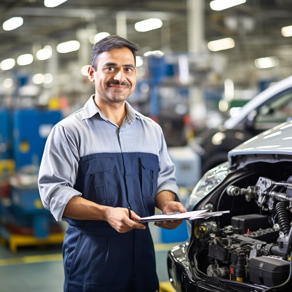 Friendly smiling handsome indian man automotive quality control inspector at work on blured background