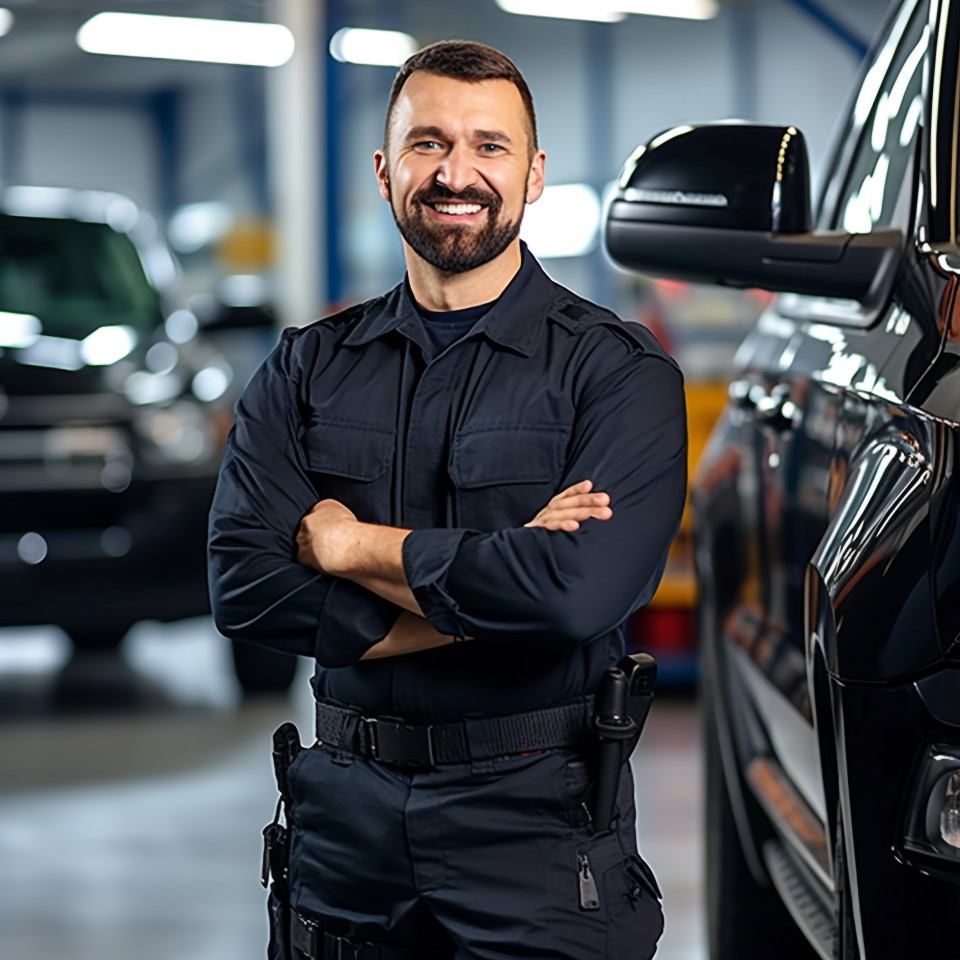 Friendly smiling handsome man automotive security personnel at work on blured background