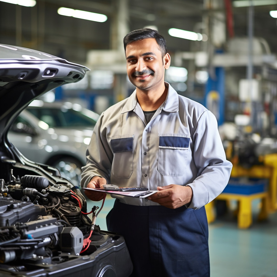 Friendly smiling handsome indian man automotive quality control inspector at work on blured background