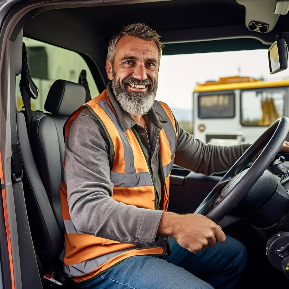 Smiling handsome man automotive driver at work on blured background