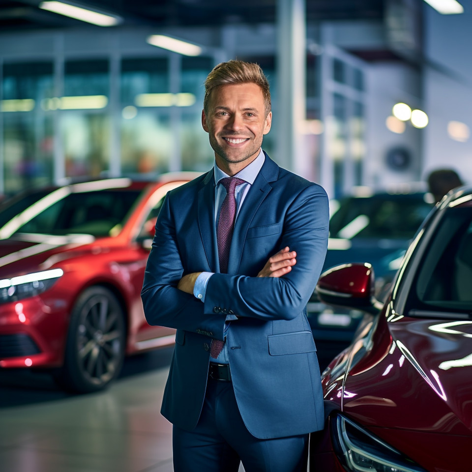 Friendly smiling handsome man automotive sales representative at work on blured background