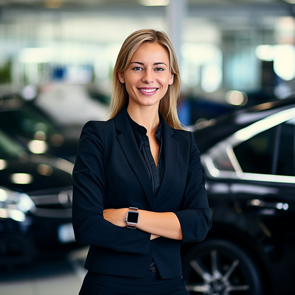Friendly smiling beautiful woman automotive sales representative at work on blured background