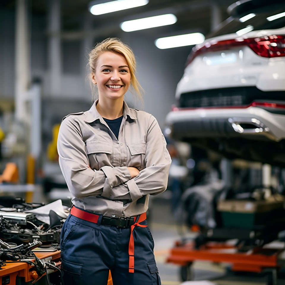 Friendly smiling beautiful woman automotive inventory manager at work on blured background