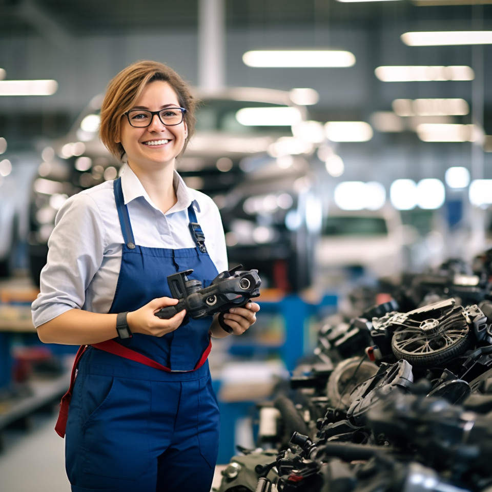 Friendly smiling beautiful woman automotive inventory manager at work on blured background