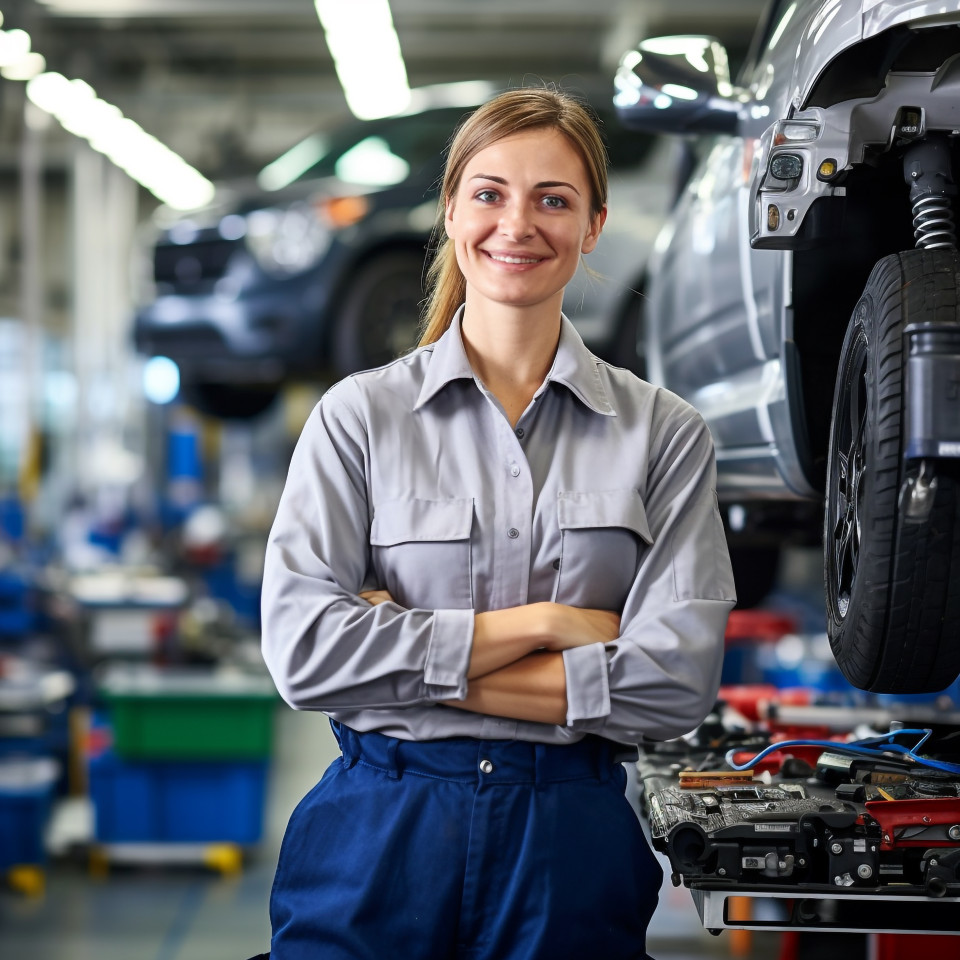 Friendly smiling beautiful woman automotive inventory manager at work on blured background