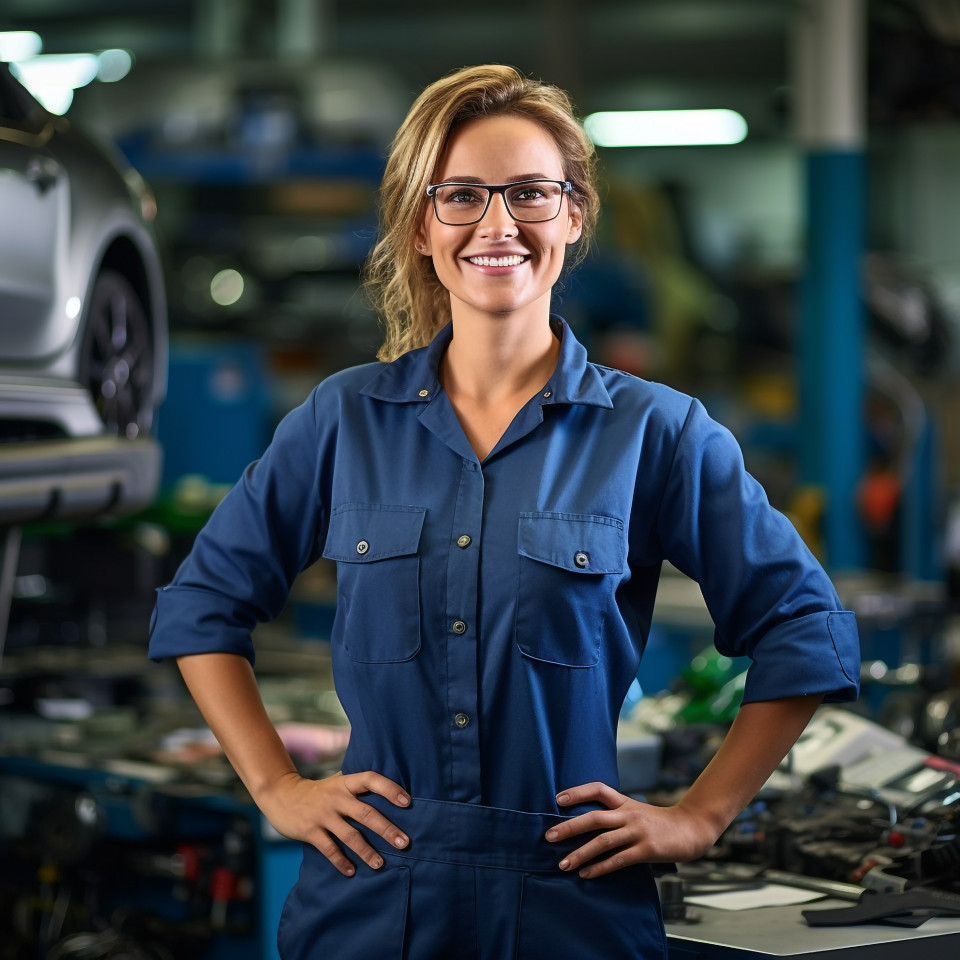 Friendly smiling beautiful woman automotive service manager at work on blured background