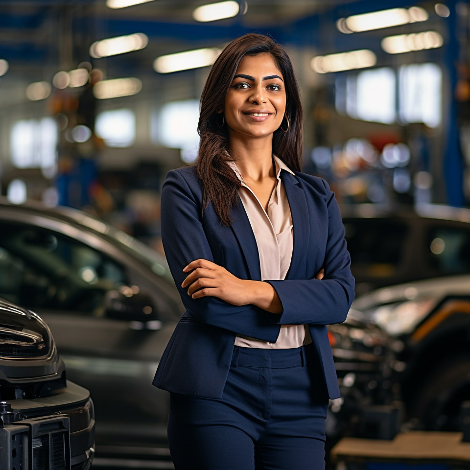 Friendly smiling beautiful indian woman automotive marketing manager at work on blured background