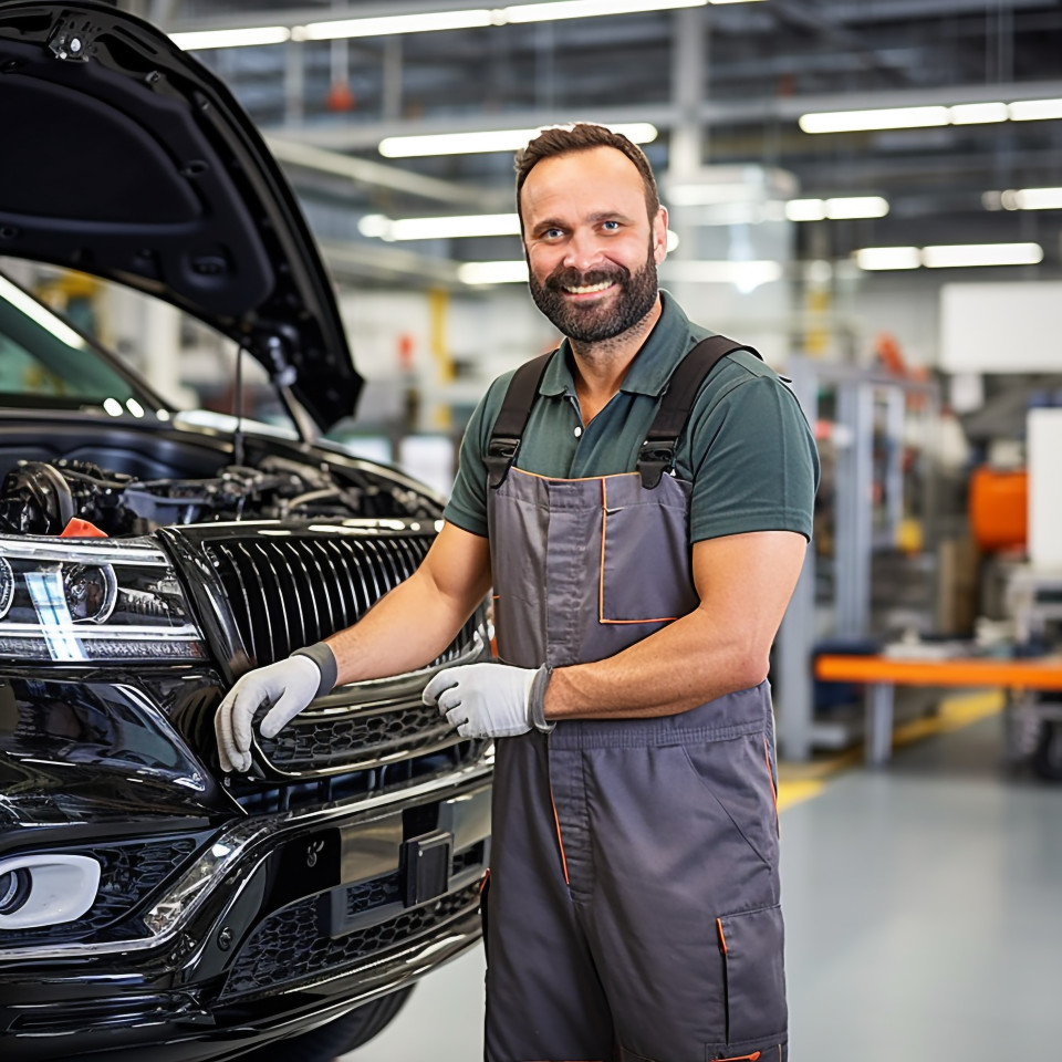 Friendly smiling handsome man automotive cleaning and maintenance staff at work on blured background