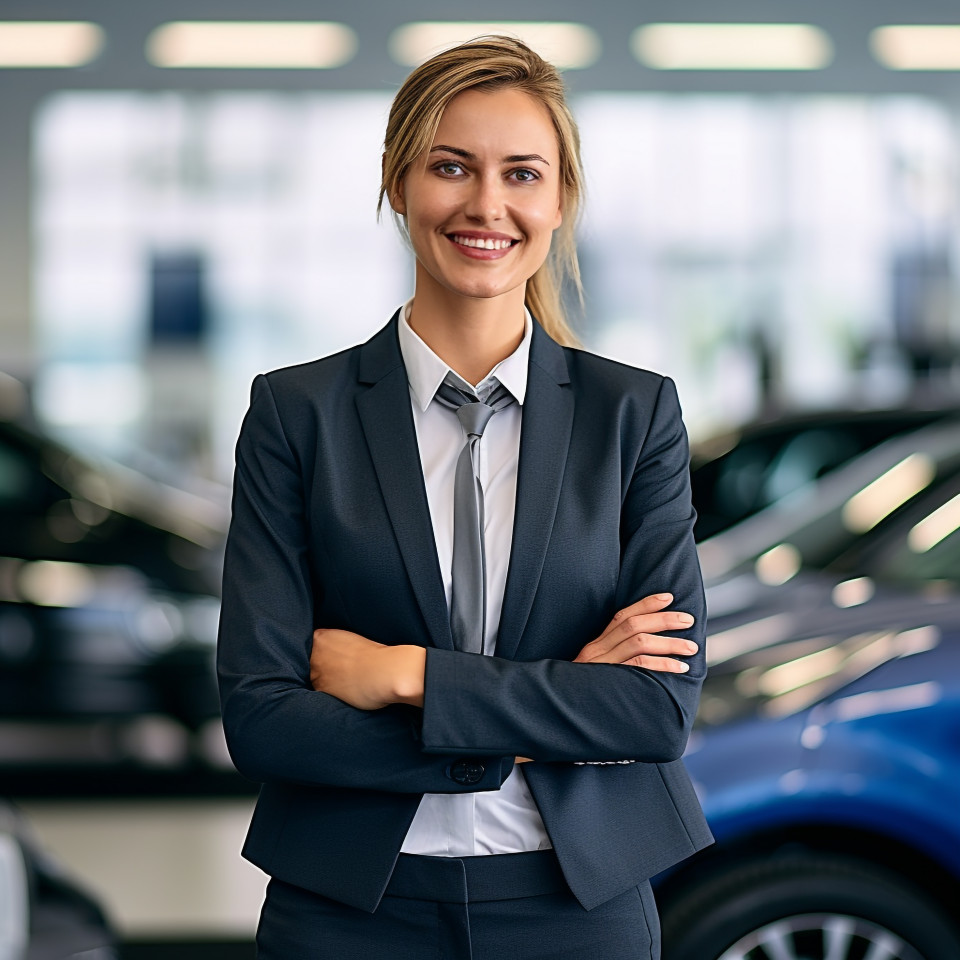 Friendly smiling beautiful woman automotive legal counsel at work on blured background