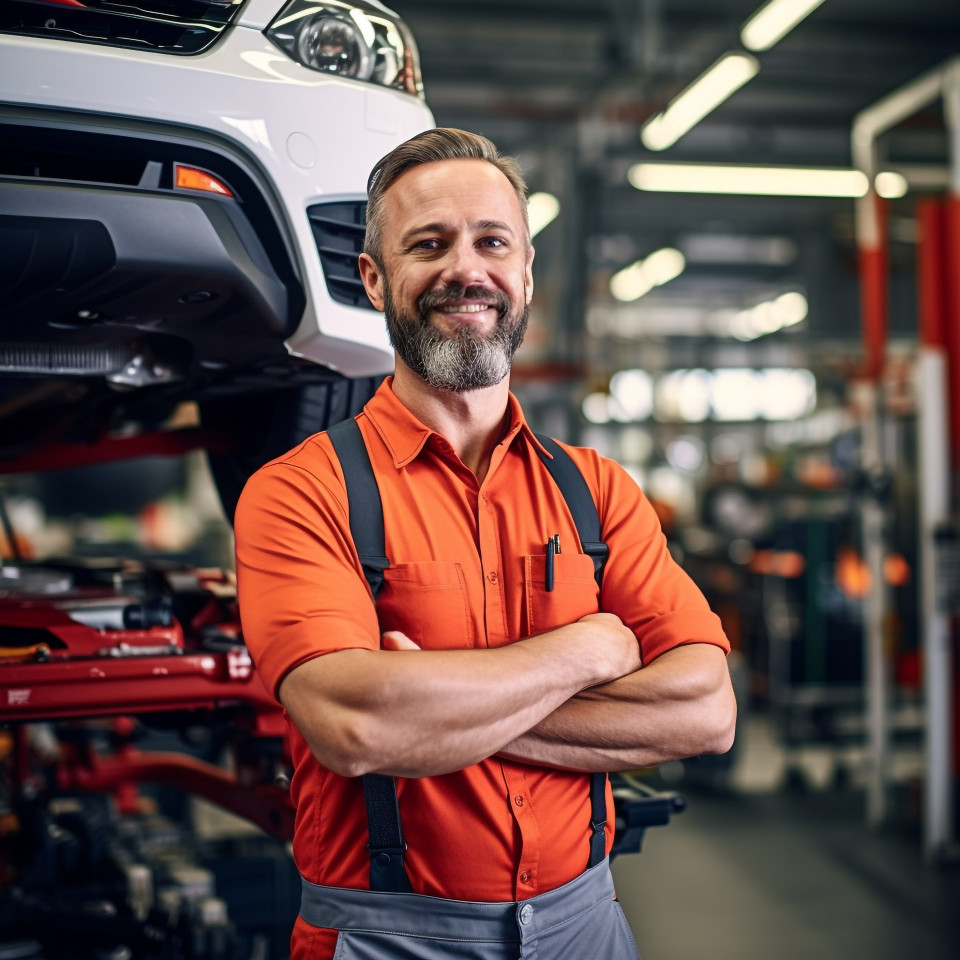 Friendly smiling handsome man automotive service manager at work on blured background