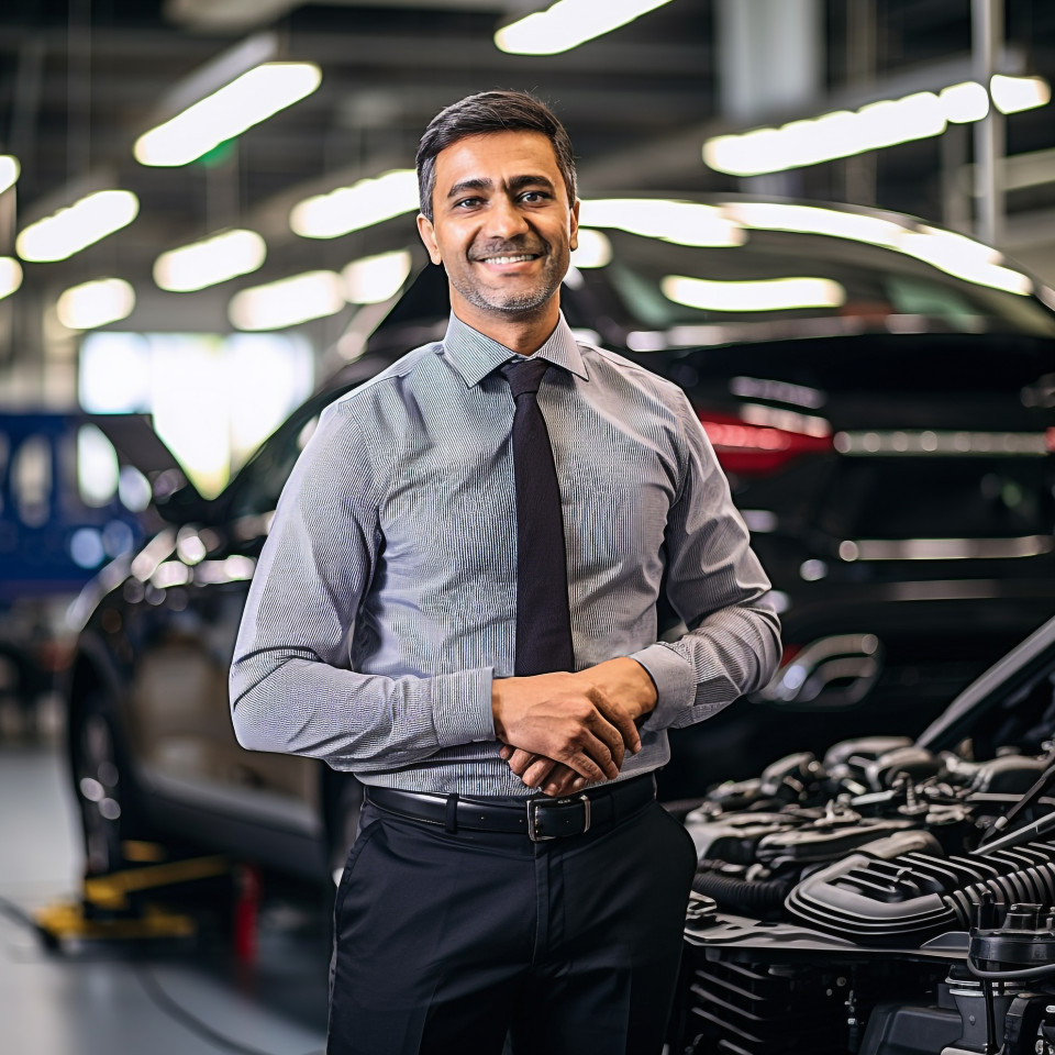 Friendly smiling handsome indian man automotive general manager at work on blured background