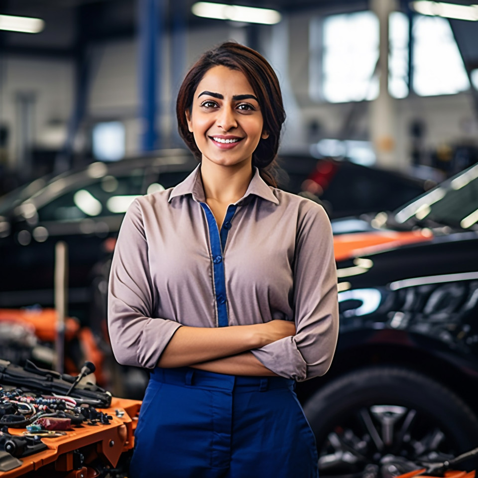 Friendly smiling beautiful indian woman automotive customer relations specialist at work on blured background