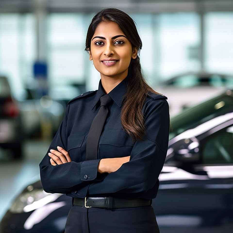 Friendly smiling beautiful indian woman automotive security personnel at work on blured background