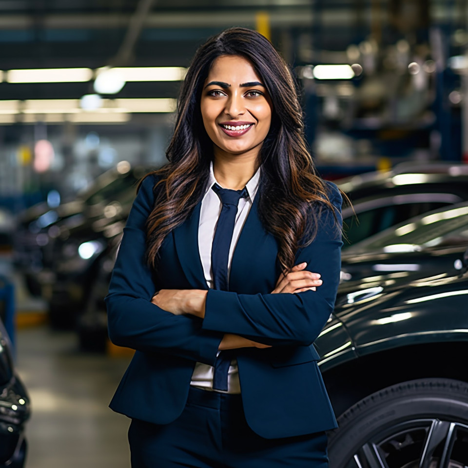 Friendly smiling beautiful indian woman automotive human resources manager at work on blured background