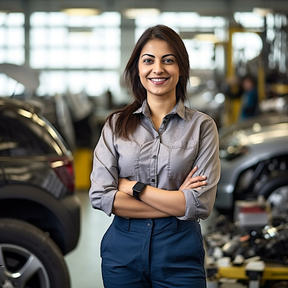 Friendly smiling beautiful indian woman automotive customer relations specialist at work on blured background
