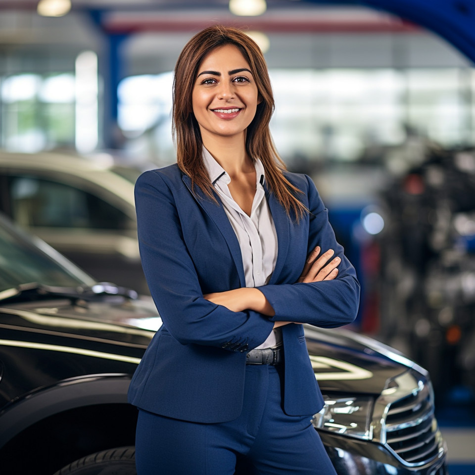 Friendly smiling beautiful indian woman automotive sales manager at work on blured background