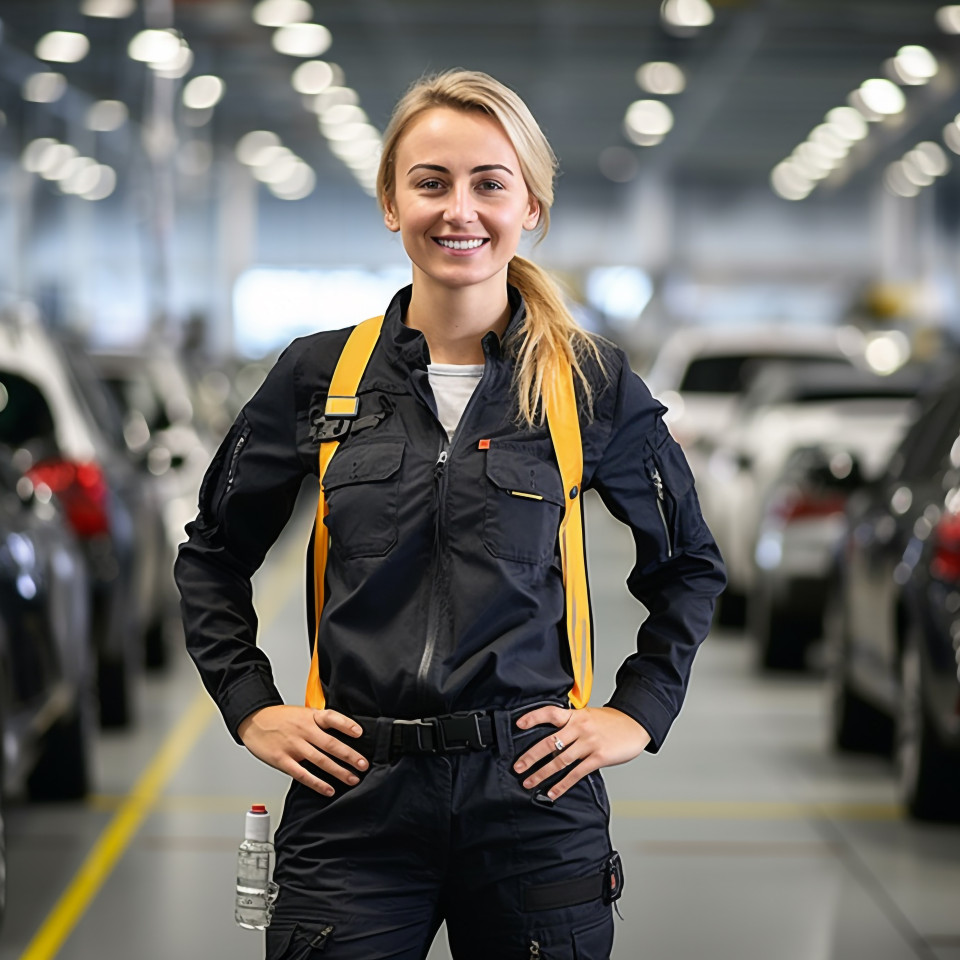 Friendly smiling beautiful woman automotive safety compliance specialist at work on blured background