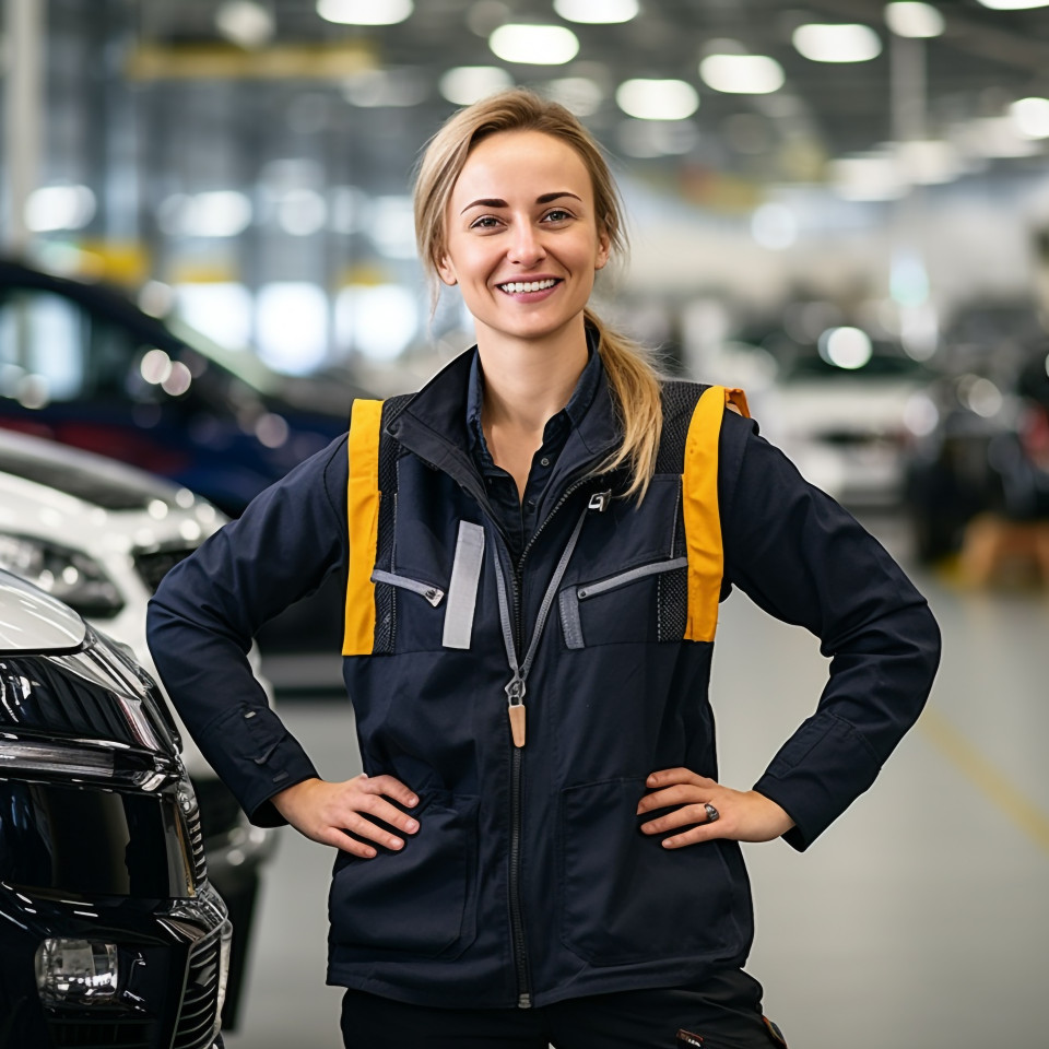 Friendly smiling beautiful woman automotive safety compliance specialist at work on blured background