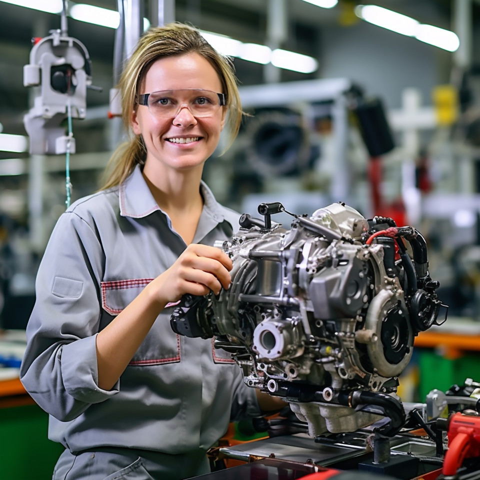 Friendly smiling beautiful woman automotive parts specialist at work on blured background