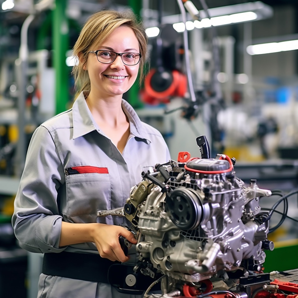 Friendly smiling beautiful woman automotive parts specialist at work on blured background