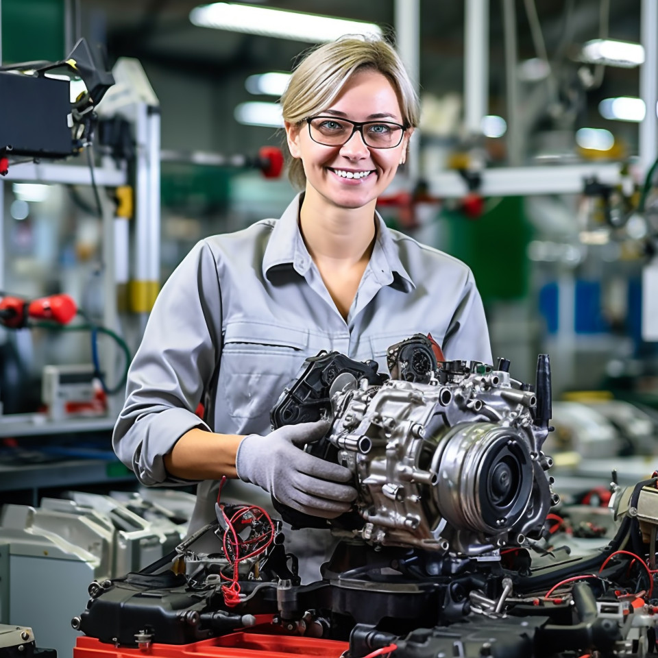 Friendly smiling beautiful woman automotive parts specialist at work on blured background