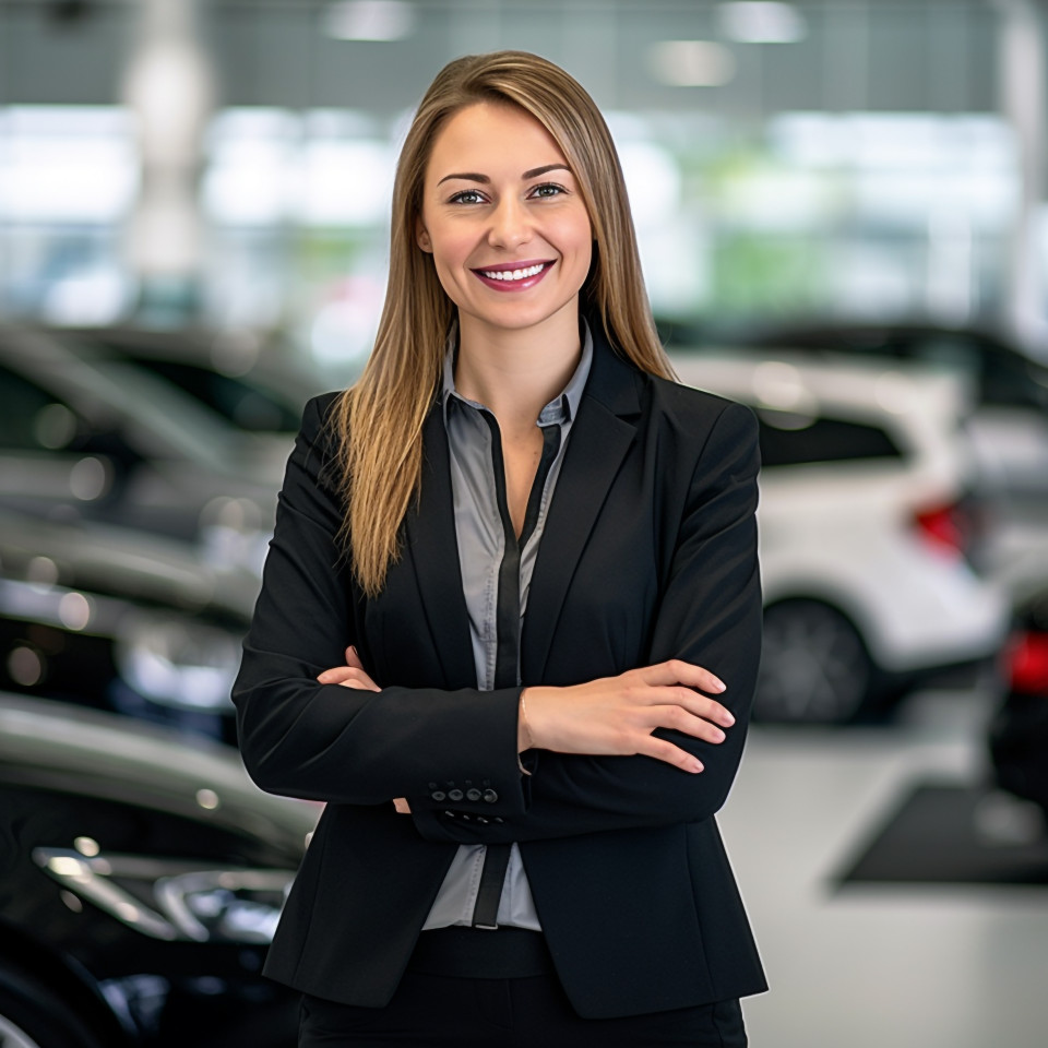 Friendly smiling beautiful woman automotive sales manager at work on blured background
