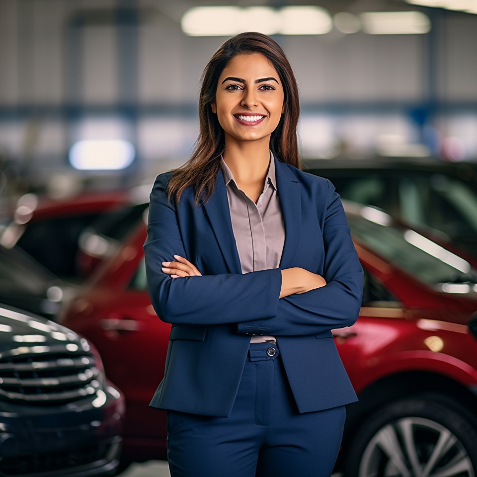 Friendly smiling beautiful indian woman automotive legal counsel at work on blured background