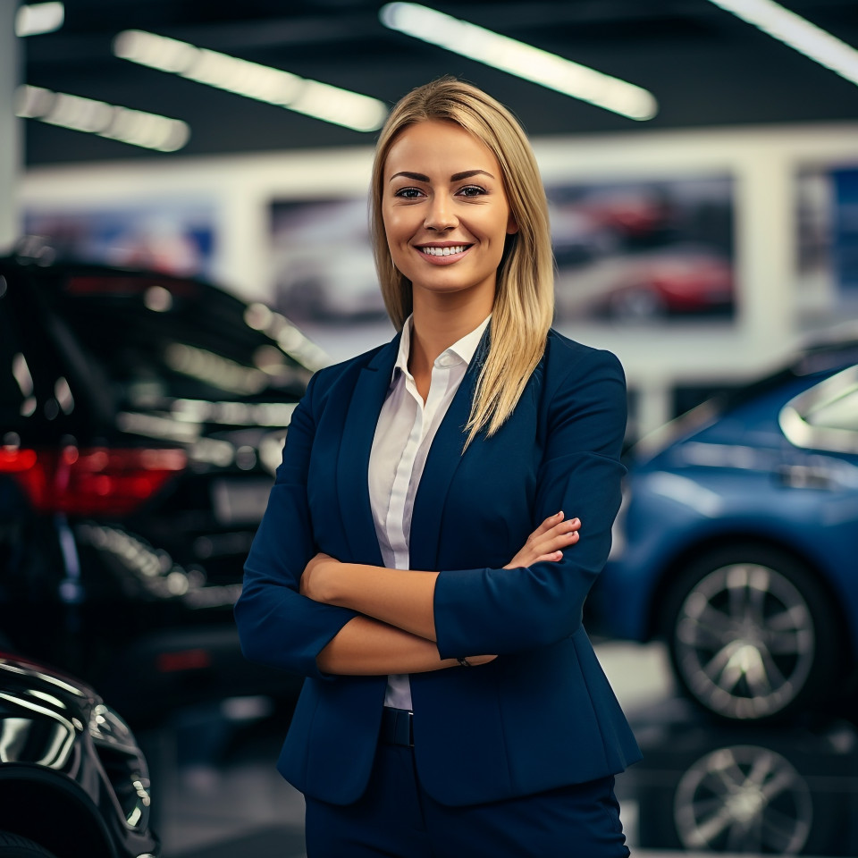 Friendly smiling beautiful woman automotive sales manager at work on blured background