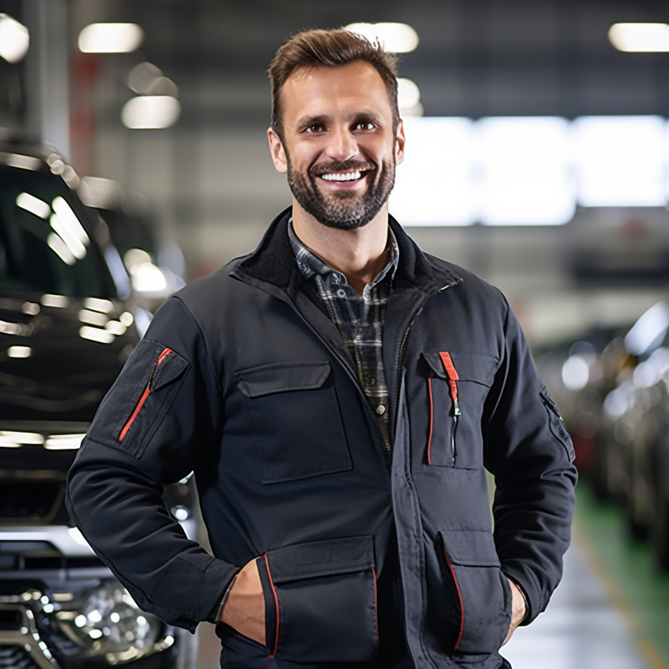 Friendly smiling handsome man automotive safety compliance specialist at work on blured background
