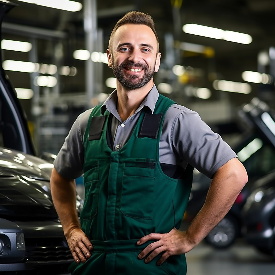 Friendly smiling handsome man automotive safety compliance specialist at work on blured background