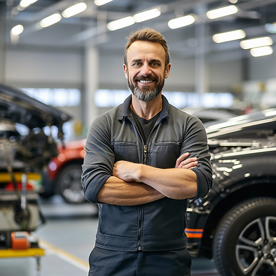 Friendly smiling handsome man automotive safety compliance specialist at work on blured background