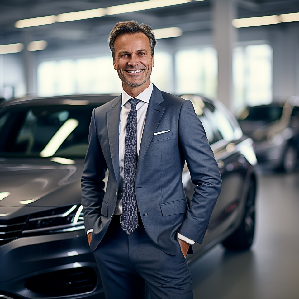 Friendly smiling handsome man automotive legal counsel at work on blured background