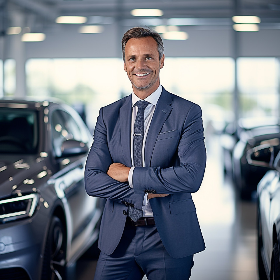 Friendly smiling handsome man automotive legal counsel at work on blured background