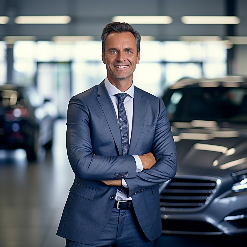 Friendly smiling handsome man automotive legal counsel at work on blured background
