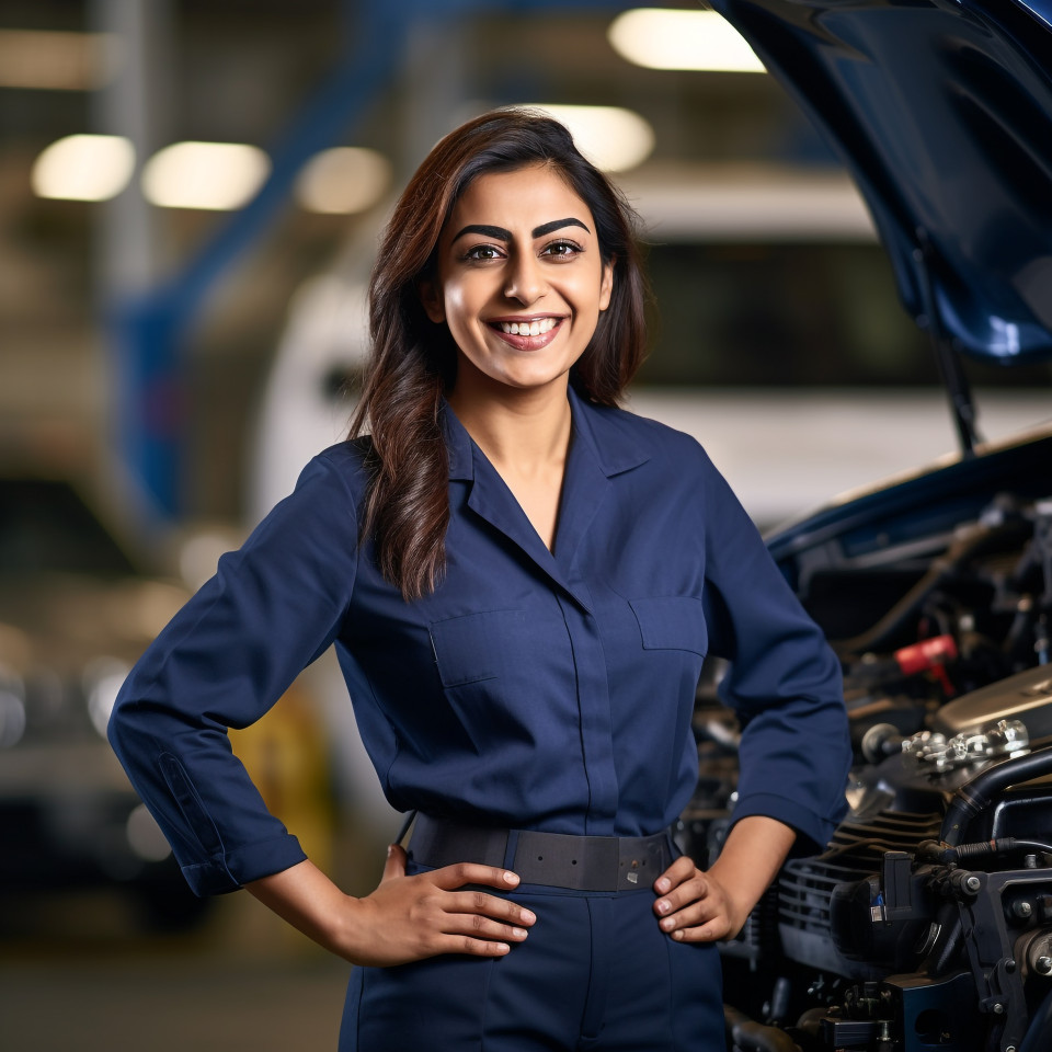Friendly smiling beautiful indian woman automotive safety compliance specialist at work on blured background
