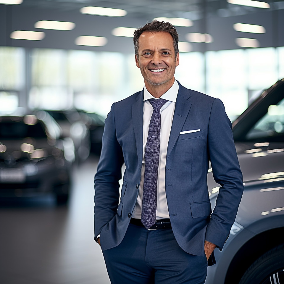 Friendly smiling handsome man automotive legal counsel at work on blured background