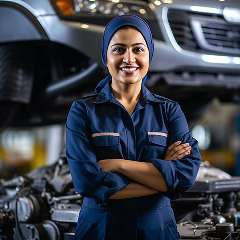 Friendly smiling beautiful indian woman automotive compliance and safety officer at work on blured background