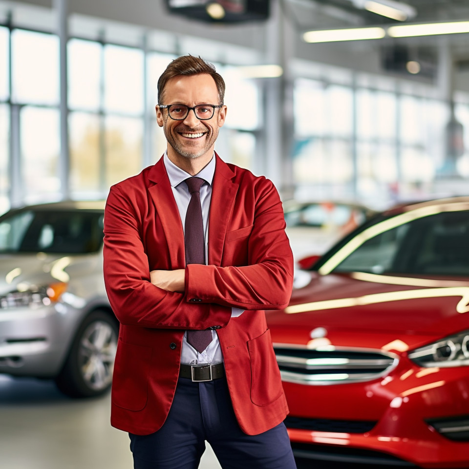 Friendly smiling handsome man automotive customer relations specialist at work on blured background