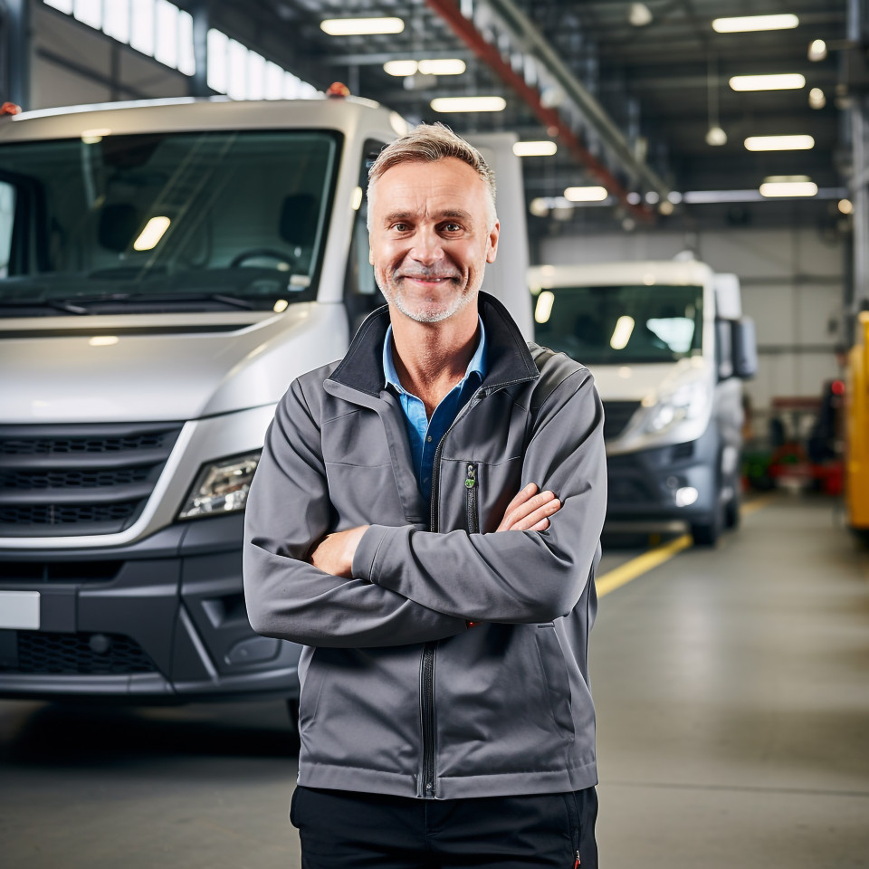 Friendly smiling handsome man automotive fleet manager at work on blured background