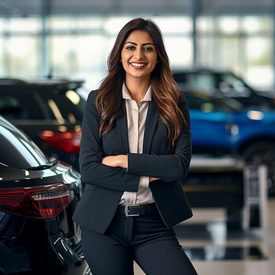 Friendly smiling beautiful indian woman automotive sales representative at work on blured background