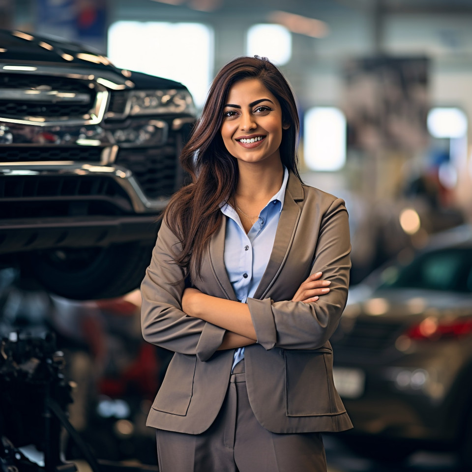 Friendly smiling beautiful indian woman automotive sales representative at work on blured background