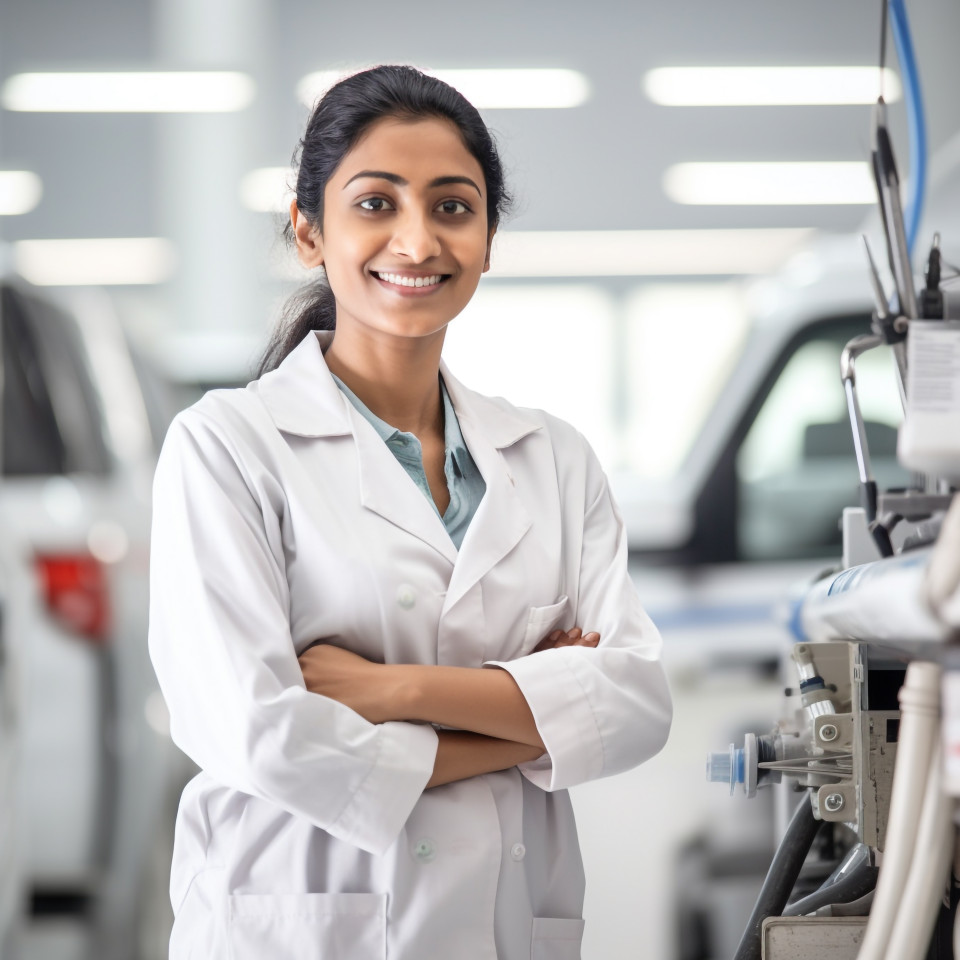 Friendly smiling beautiful indian woman automotive service manager at work on blured background