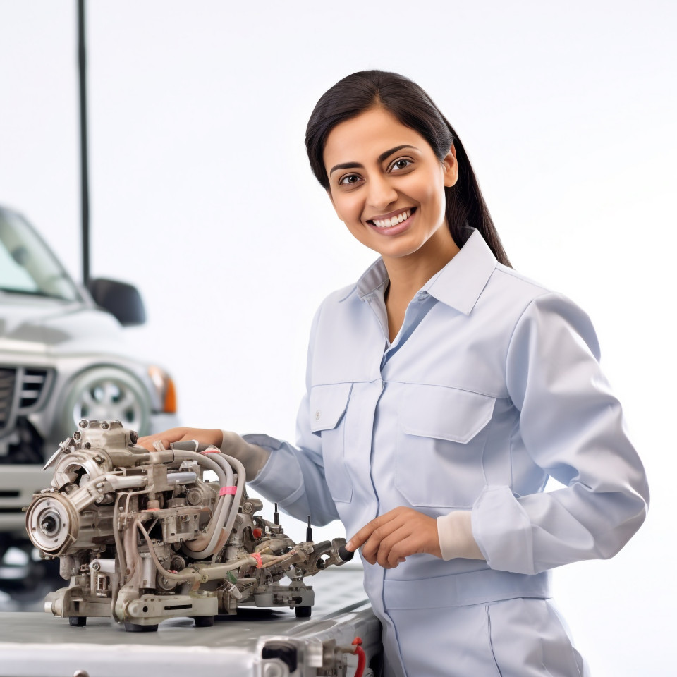 Friendly smiling beautiful indian woman automotive quality control inspector at work on white background